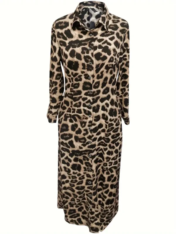 Robe boutonnée à imprimé léopard, robe longue élégante à manches longues pour le printemps et l'automne, vêtements pour femmes – Image 3