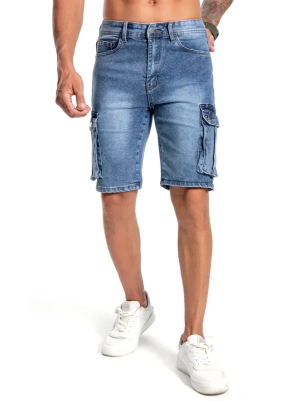 Short en jean à poche rabattable, short en jean décontracté extensible moyen pour homme, style urbain, effet usé, pour l'été – Image 3