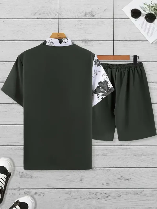 Ensemble de 2 pièces pour homme, chemise à revers à manches courtes et short à cordon de serrage uni à imprimé floral – Image 3