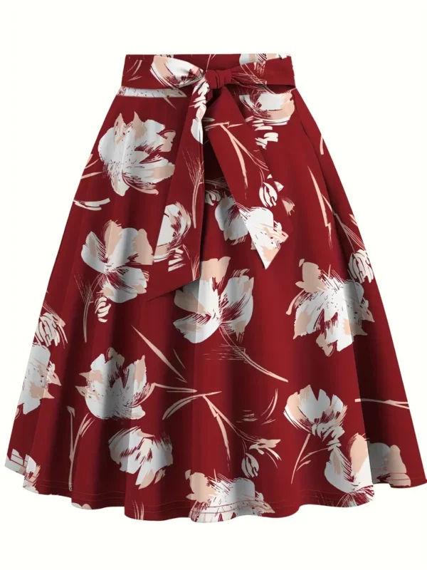 Jupe taille haute à imprimé floral Jupe taille haute à imprimé floral, jupe midi évasée élégante avec ceinture, vêtements pour femmes 6 août 2024 Kotazando