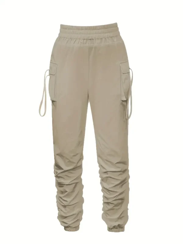 Pantalon de jogging froncé uni, pantalon cargo décontracté à taille élastique avec poche à rabat – Image 4