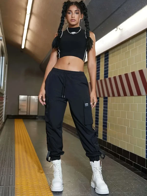 Pantalon de jogging à poches à rabat, pantalon cargo décontracté à taille élastique avec cordon de serrage, vêtements pour femmes – Image 4