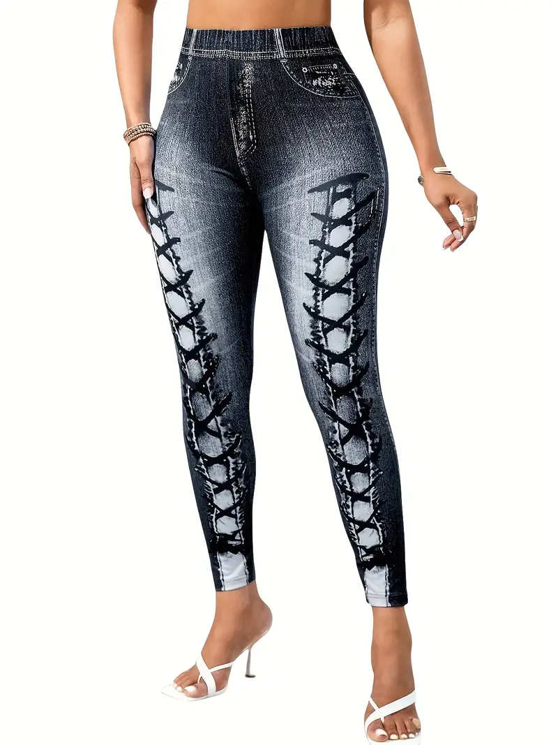 Leggings d'entraînement taille haute en faux denim imprimé, leggings skinny extensibles décontractés 5 Leggings d'entraînement taille haute en faux denim imprimé, leggings skinny extensibles décontractés – Image 4