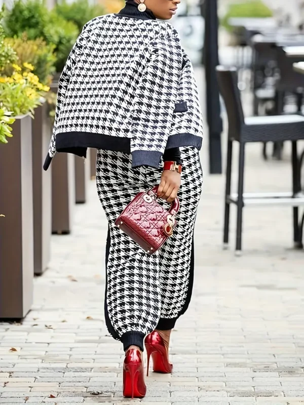 Ensemble pantalon décontracté à motif pied-de-poule, veste à manches longues zippée et pantalon ample à bordure contrastée à boutons, vêtements pour femmes – Image 4