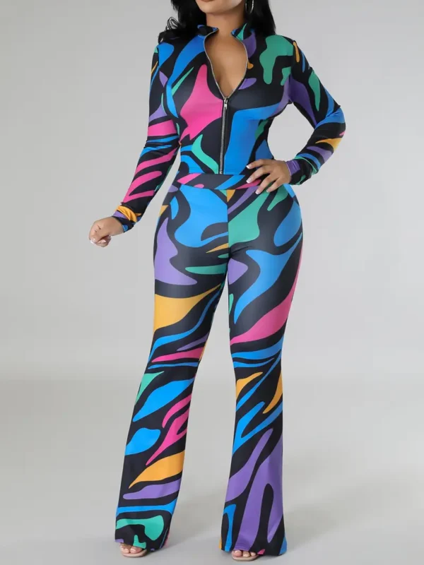 Ensemble pantalon décontracté à imprimé intégral, vêtements d'extérieur à manches longues et à taille haute avec pantalon évasé, vêtements pour femmes – Image 4