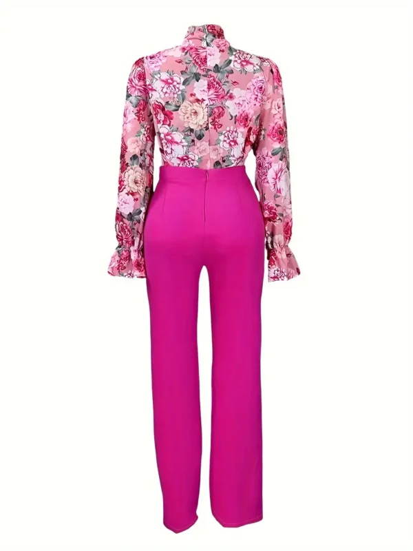 Ensemble pantalon décontracté à imprimé intégral, vêtements d'extérieur à manches longues et à taille haute avec pantalon évasé, vêtements pour femmes – Image 4