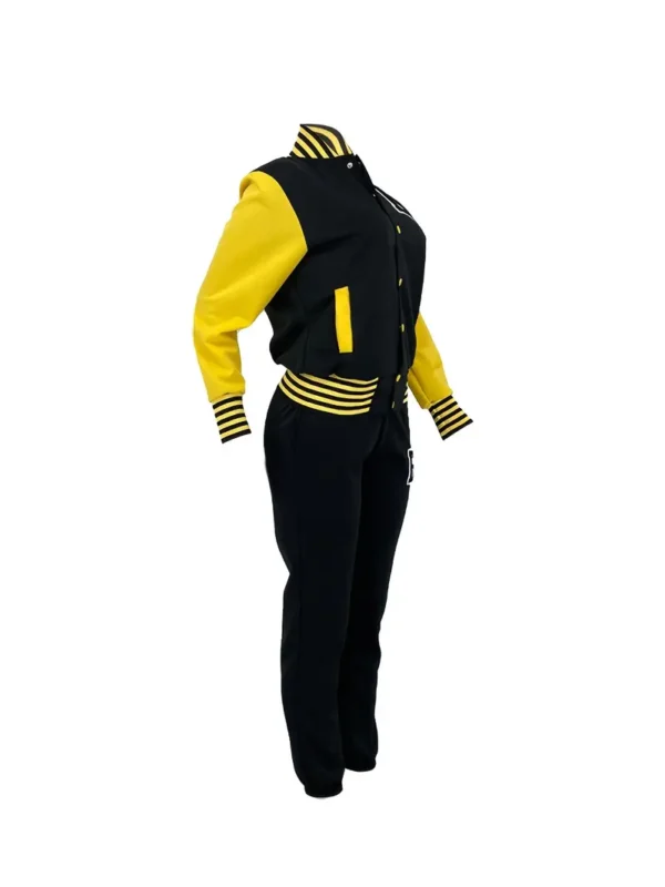 Ensemble deux pièces à imprimé lettre, veste de baseball à boutons sur le devant et pantalon élastique à cordon de serrage, vêtements pour femmes – Image 4