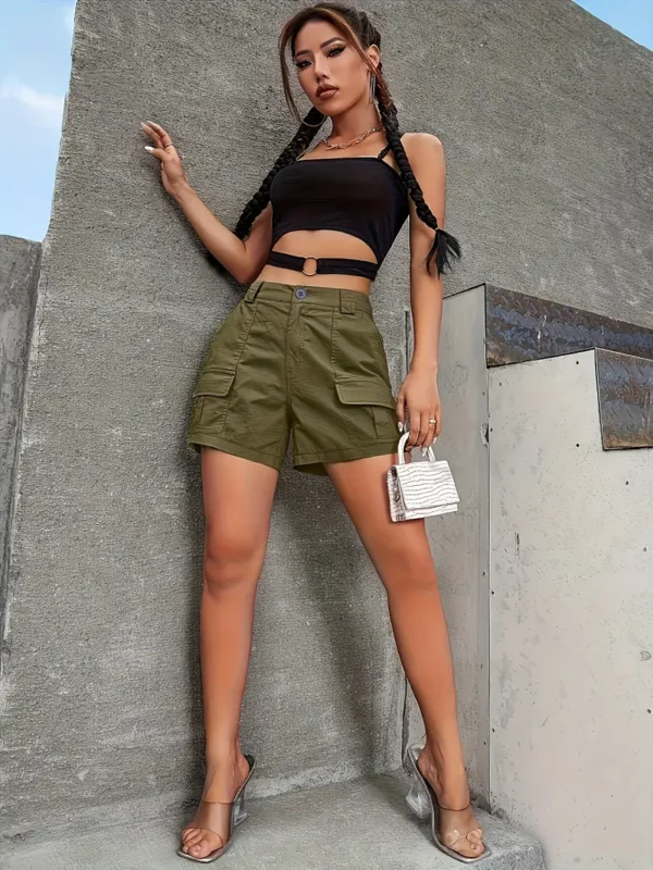 Short à poches inclinées de couleur unie, short taille haute décontracté pour le printemps et l'été, vêtements pour femmes – Image 4