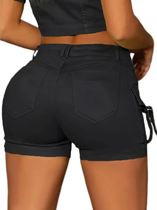 Short cargo en denim extensible uni slim fit pour femme, style décontracté avec poches, vêtements d'été à la mode – Image 4