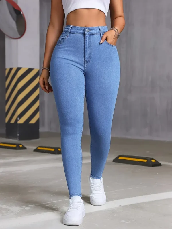 Jean taille haute en denim extensible pour femme avec coton, polyester et élasthanne, style élégant – Image 4