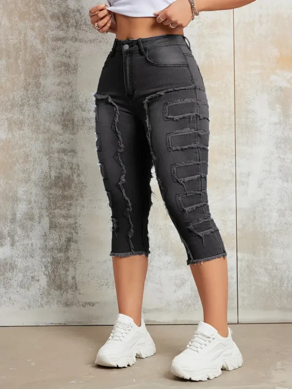 Jean Capri à coutures brutes, pantalon en denim Capri extensible à poches fendues, jeans et vêtements en denim pour femme – Image 4