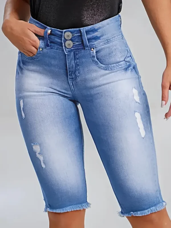 Short en jean à ourlet brut déchiré et double boutonnage, short en jean bleu délavé vieilli, jeans et vêtements en jean pour femme – Image 4