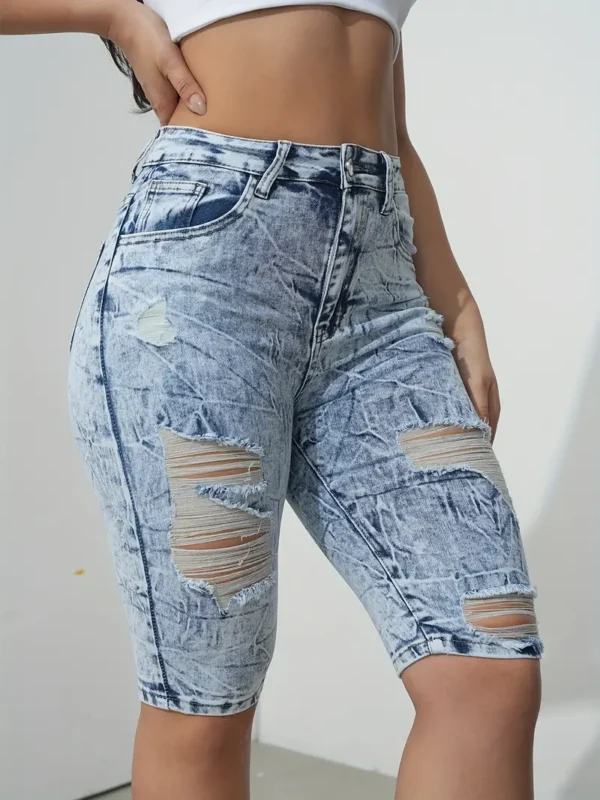 Short en jean Bermuda bleu délavé déchiré au genou, jorts très extensibles – Image 4