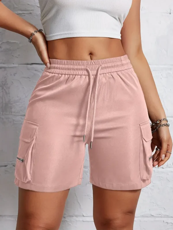 hort cargo à cordon de serrage avec poche à rabat solide, short ample taille haute élastique décontracté, vêtements pour femmes – Image 4
