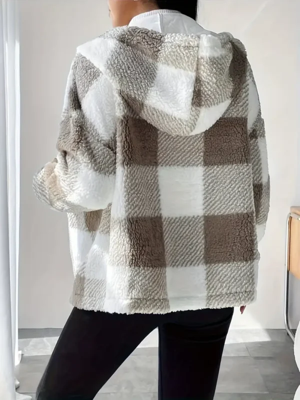 Manteau à capuche en peluche à imprimé écossais avec cordon de serrage, vêtements d'hiver polyvalents à manches longues – Image 4