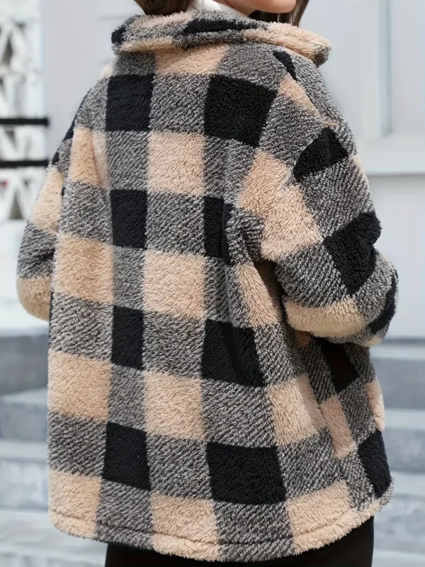 Manteau en peluche à poches plaquées à imprimé écossais, vêtements d'extérieur polyvalents à manches longues et à boutonnage simple pour l'hiver, vêtements pour femmes – Image 4