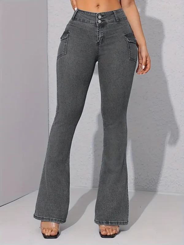 Jean bootcut polyvalent à double bouton, poches à rabat, pantalon en denim extensible, jeans et vêtements en denim pour femmes - Image 4