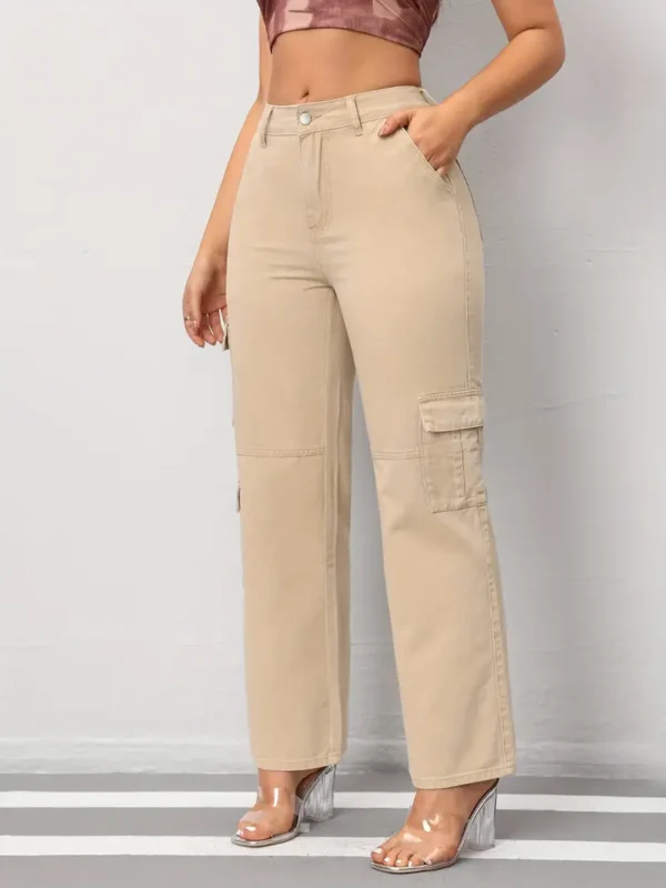 Pantalon cargo décontracté en denim pour femme avec poches, jean droit beige à longueur totale pour un usage quotidien – Image 4