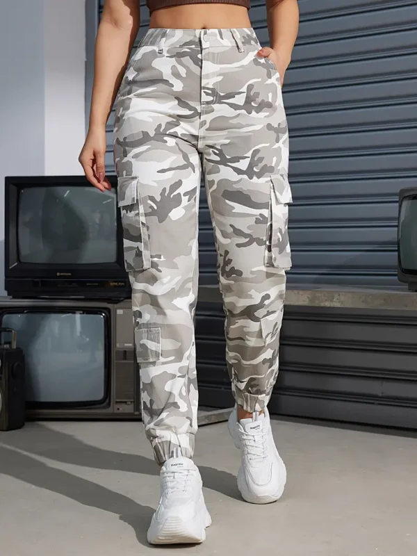 Pantalon cargo en jean pour femme avec poche à rabat latéral et taille haute, coupe ample, style streetwear, fermeture éclair et bouton, idéal pour l'automne - Image 4