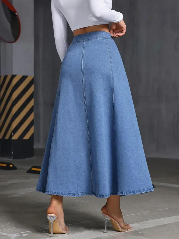 Jupe longue en jean extensible confortable à simple boutonnage bleu délavé, jeans et vêtements en jean pour femmes – Image 4