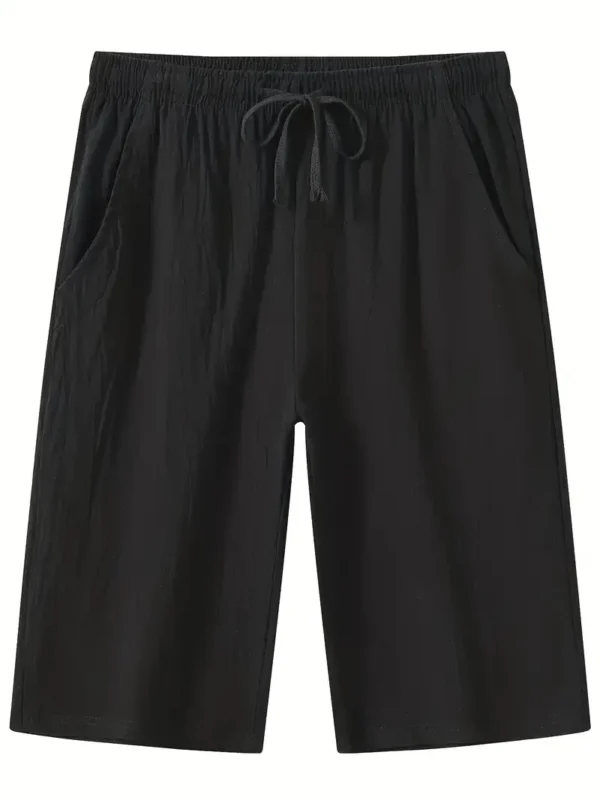 Short long en pur coton uni pour homme avec cordon de serrage et poches, short confortable et respirant pour la plage d'été et les loisirs de vacances – Image 4