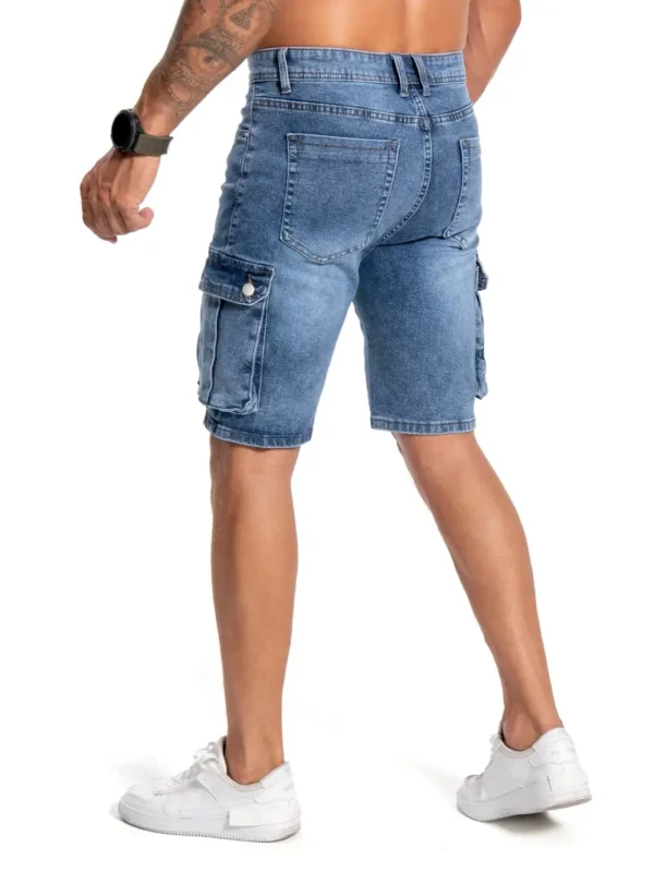 Short en jean à poche rabattable, short en jean décontracté extensible moyen pour homme, style urbain, effet usé, pour l'été – Image 4