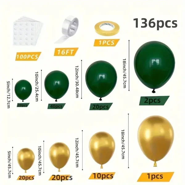 136 pièces, kit d'arche de guirlande de ballons verts et dorés, décoration de mariage, décoration de fête d'anniversaire – Image 4