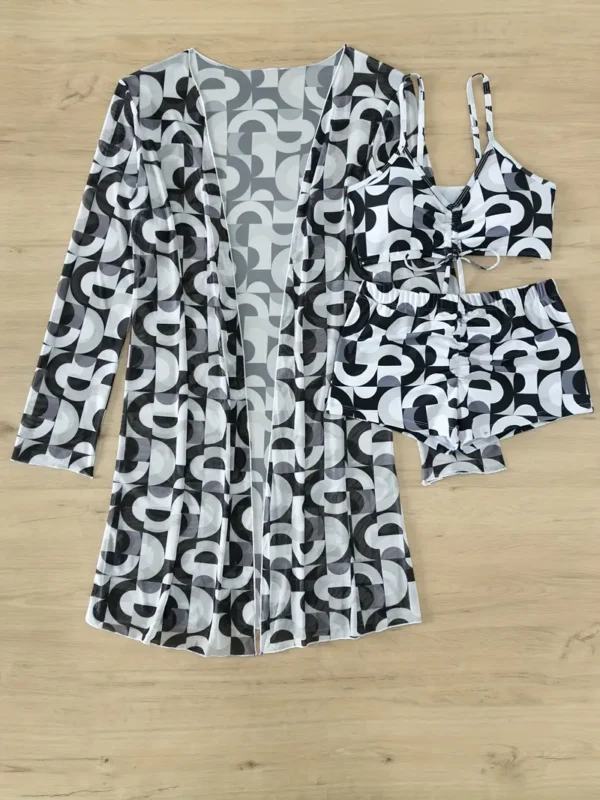 Ensemble de bikini 3 pièces à imprimé géométrique, bas de maillot de bain à col en V avec chemise de protection, maillot de bain à manches longues, maillots de bain et vêtements pour femmes – Image 4