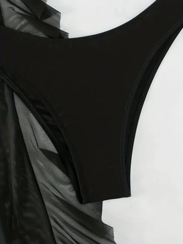 Ensemble de maillot de bain bikini 3 pièces de couleur unie, haut à col licou, bas taille basse, semi-transparent – Image 4