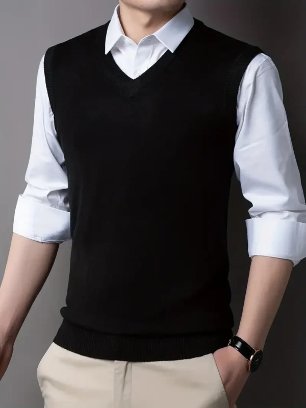 Pull tricoté décontracté, veste thermique sans manches à col en V, gilet en laine, débardeur pour homme pour l'automne et l'hiver – Image 4