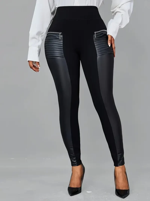 Pantalon skinny en similicuir à fermeture éclair, pantalon slim taille haute élégant pour tous les jours, vêtements pour femmes – Image 5