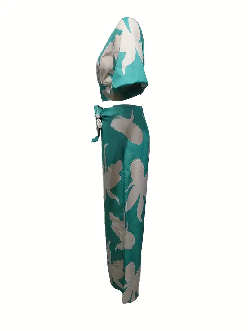Ensemble de pantalons à imprimé floral de style vacances, chemisier court à col en V et pantalon ample à jambe large avec ceinture, vêtements pour femmes 6 Ensemble de pantalons à imprimé floral de style vacances, chemisier court à col en V et pantalon ample à jambe large avec ceinture, vêtements pour femmes – Image 5