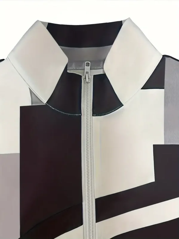 Ensemble deux pièces décontracté à imprimé géométrique, hauts à manches longues zippés et pantalons longs, vêtements pour femmes – Image 5