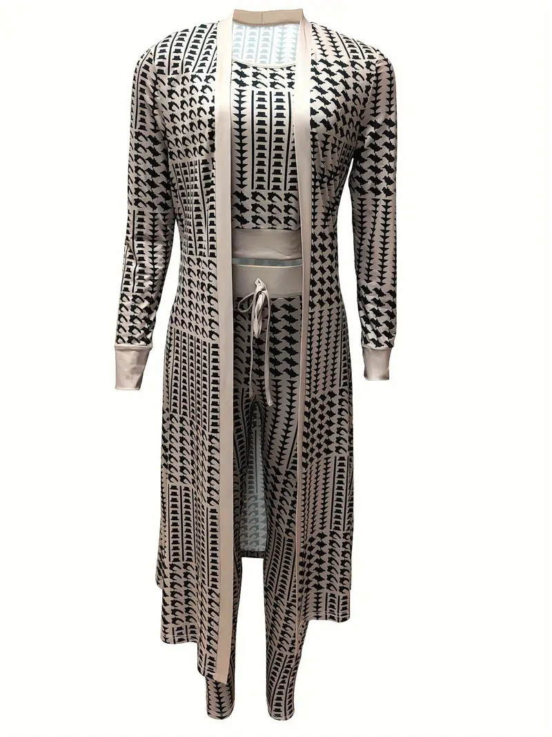 Ensemble deux pièces décontracté à imprimé allover, cardigan à manches longues, haut court et pantalon à cordon de serrage, vêtements pour femmes 5 Ensemble deux pièces décontracté à imprimé allover, cardigan à manches longues, haut court et pantalon à cordon de serrage, vêtements pour femmes – Image 4