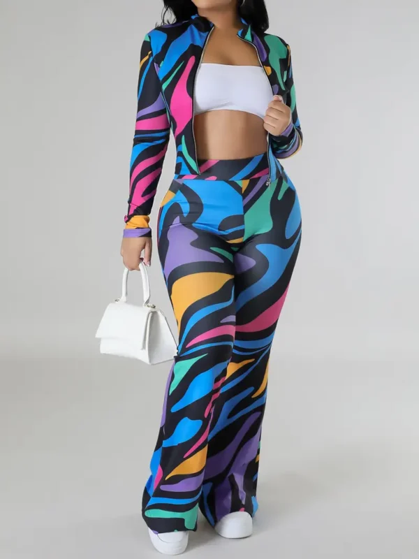 Ensemble pantalon décontracté à imprimé intégral, vêtements d'extérieur à manches longues et à taille haute avec pantalon évasé, vêtements pour femmes – Image 5