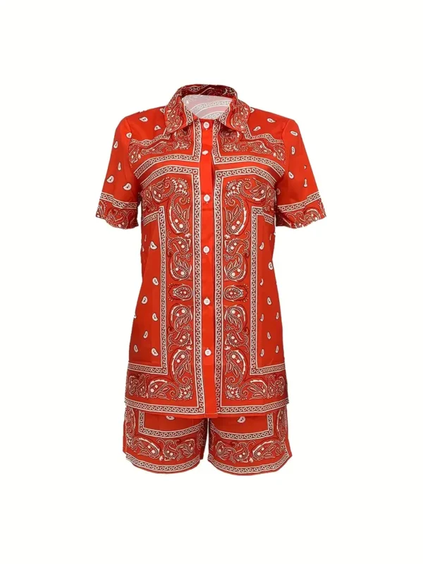 Ensemble deux pièces à imprimé cachemire, chemisier à manches courtes et short décontracté, vêtements pour femmes – Image 5