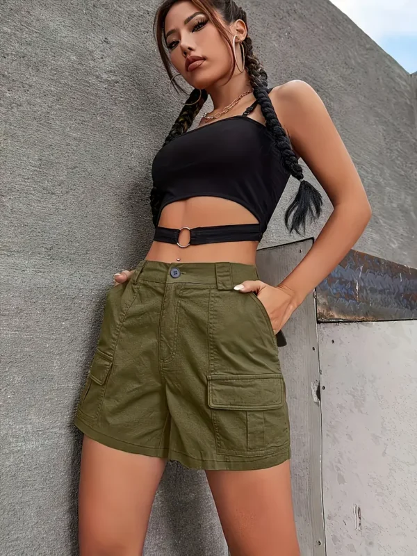 Short à poches inclinées de couleur unie, short taille haute décontracté pour le printemps et l'été, vêtements pour femmes – Image 5