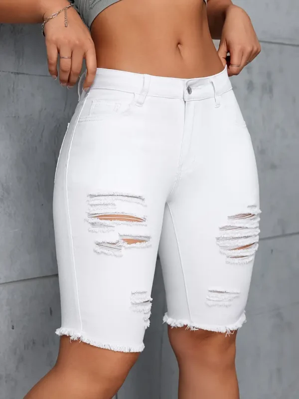 Short bermuda en denim déchiré blanc uni pour femme, coupe slim extensible, longueur mi-cuisse, ourlet effiloché, style streetwear – Image 5