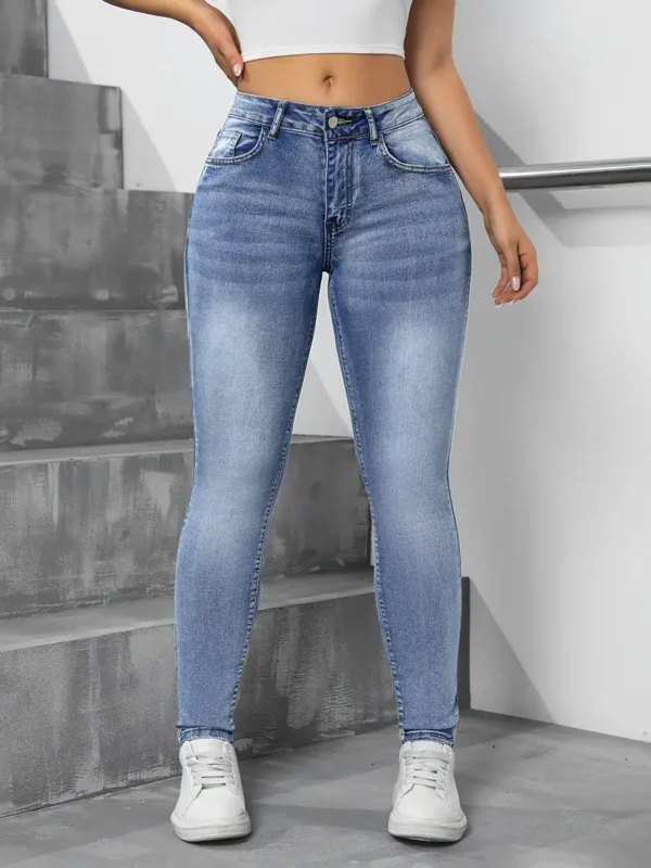 Jean skinny extensible pour femme, style décontracté, denim bleu, coupe slim, ceinture confortable – Image 4