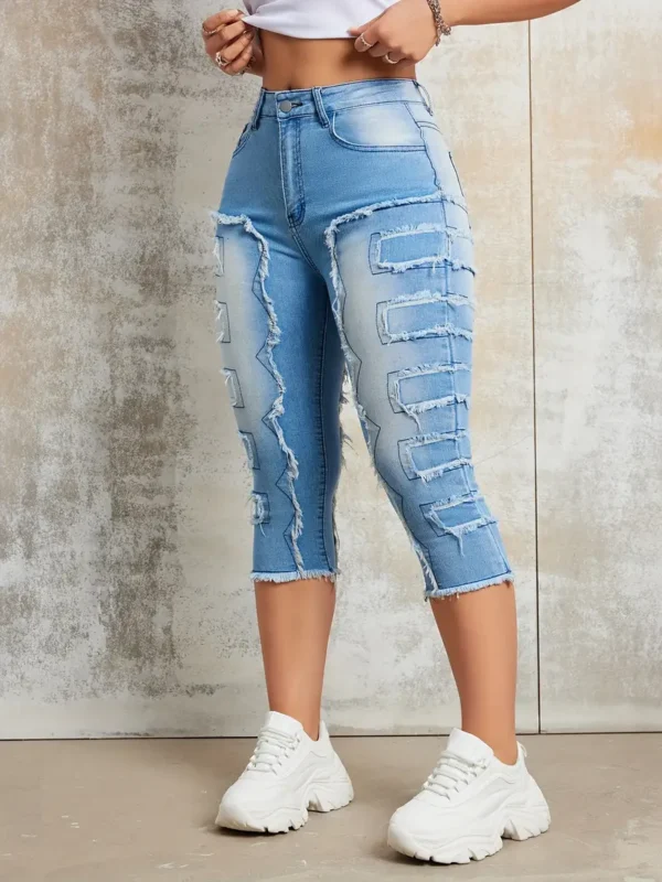 Jean Capri à coutures brutes, pantalon en denim Capri extensible à poches fendues, jeans et vêtements en denim pour femmes – Image 5