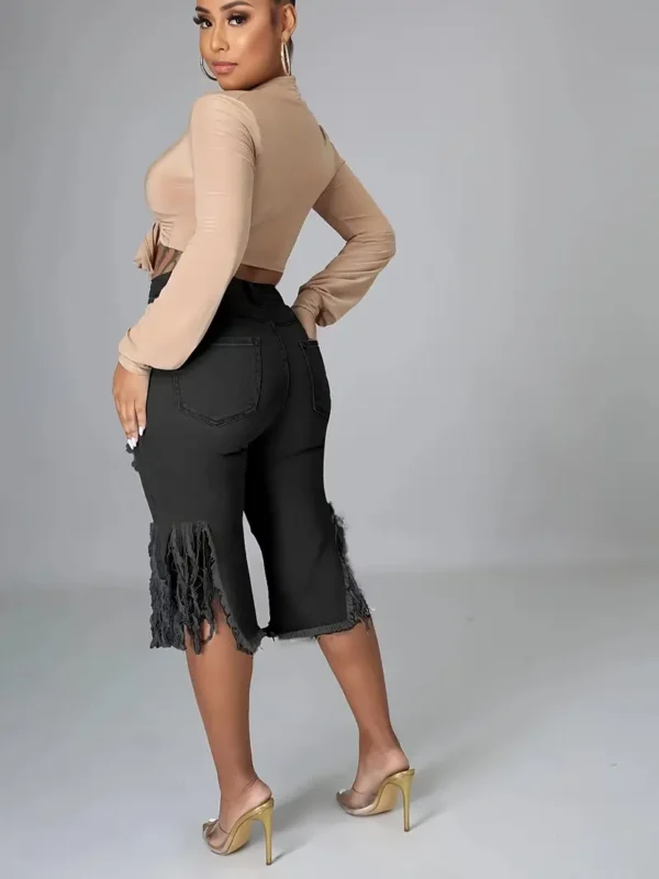 Short mi-long en jean à ourlet brut et à franges pour femme, style décontracté – Image 5