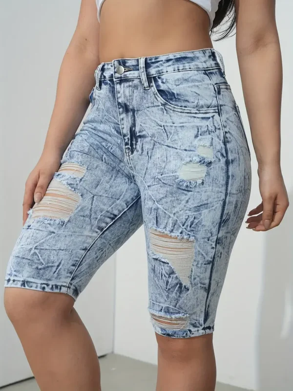 Short en jean Bermuda bleu délavé déchiré au genou, jorts très extensibles – Image 5