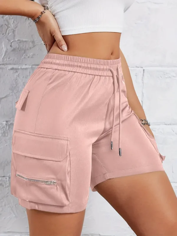 hort cargo à cordon de serrage avec poche à rabat solide, short ample taille haute élastique décontracté, vêtements pour femmes – Image 5