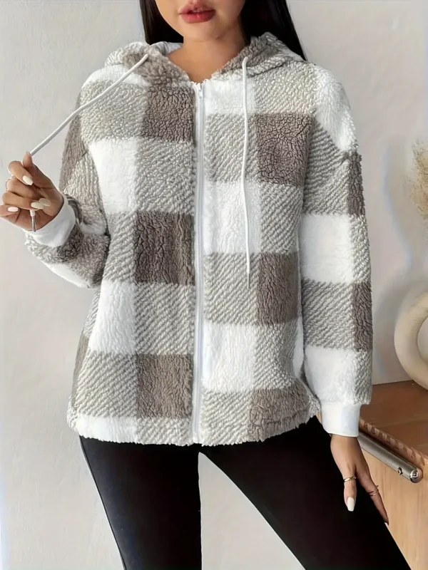 Manteau à capuche en peluche à imprimé écossais avec cordon de serrage, vêtements d'hiver polyvalents à manches longues – Image 5
