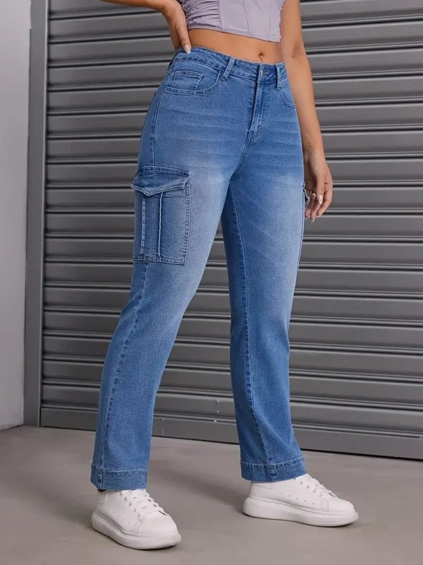 Pantalon cargo décontracté à poches à rabat, pantalon en denim délavé légèrement extensible, jeans et vêtements en denim pour femmes – Image 5