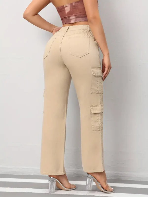 Pantalon cargo décontracté en denim pour femme avec poches, jean droit beige à longueur totale pour un usage quotidien – Image 5