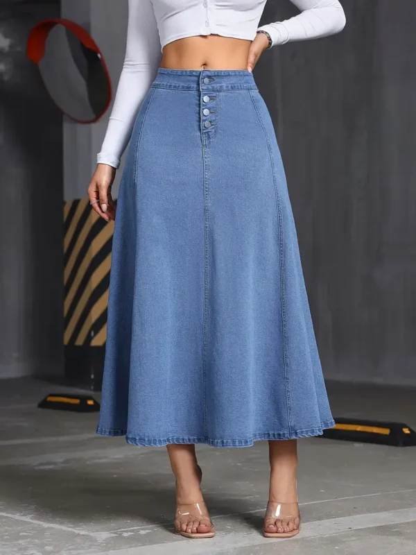 Jupe longue en jean extensible confortable à simple boutonnage bleu délavé, jeans et vêtements en jean pour femmes – Image 5