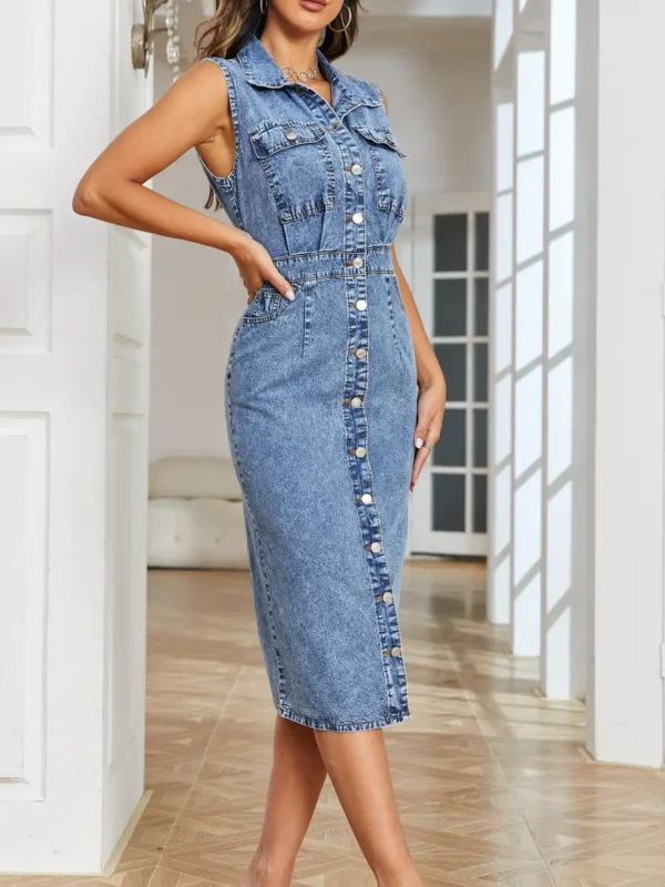 Robe en jean boutonnée à simple boutonnage bleu Robe en jean boutonnée à simple boutonnage bleu, robe en jean à revers non extensible sans manches, coupe slim, vêtements en jean pour femmes 14 août 2024 Kotazando