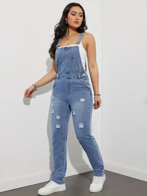Salopette en jean déchirée et vieillie pour femme, combinaison décontractée ample avec poches, salopette en jean vintage pour un usage quotidien – Image 5