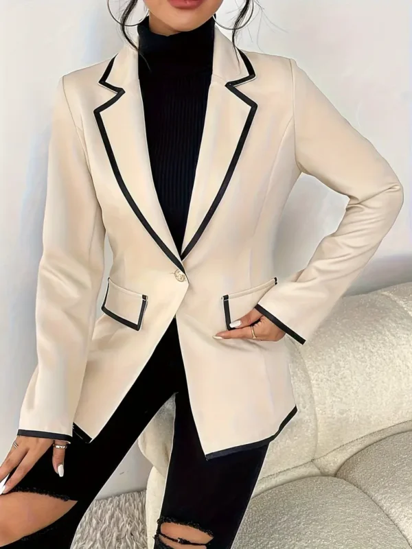 Blazer à revers cranté boutonné sur le devant, élégant blazer à manches longues avec bordure contrastée pour le bureau et le travail, vêtements pour femmes - Image 5